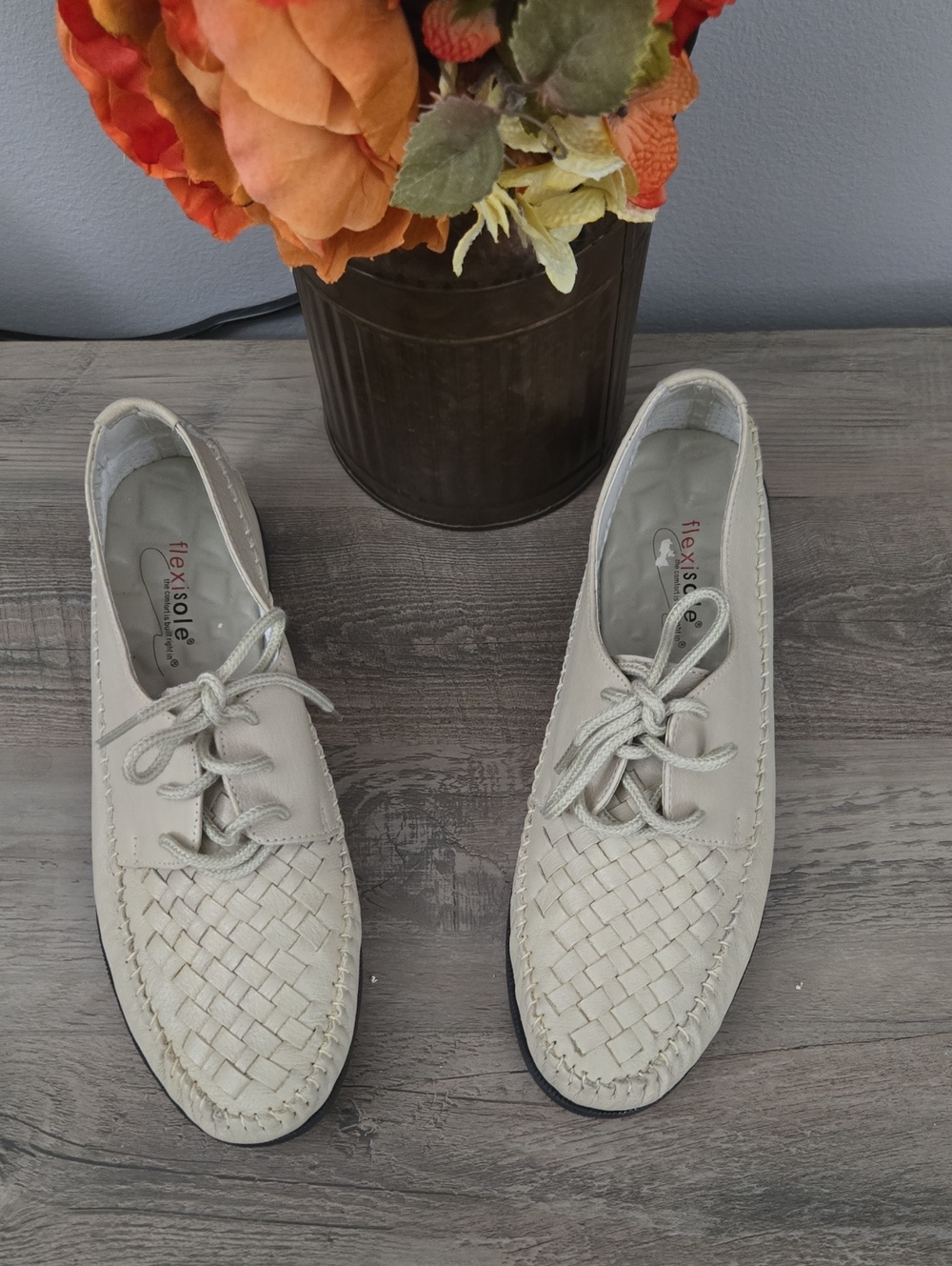 Woven Lace-Up Flats in Light Tan